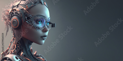 Profile portrait of robot bot ai with connected glasses white background. Synthetic humanoid robot, artificial intelligence.Portrait of gynoid,futuristic cyborg. Banner with space for text, copy space