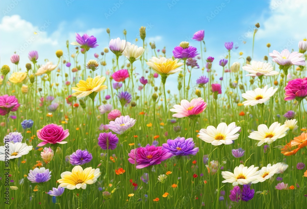 Amazing shiny Spring meadow Grass and Flowers summer natural spring photograph generative ai