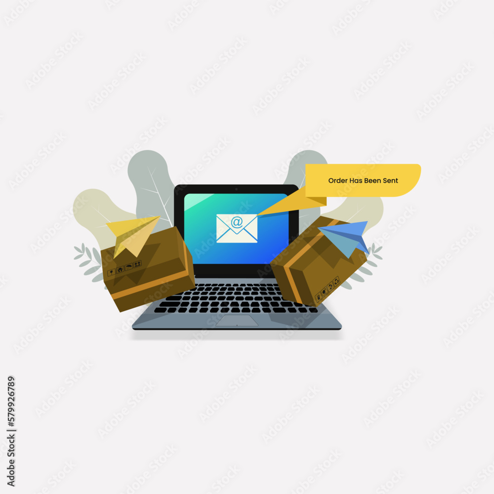 Laptop, cardboard boxes and paper plane. order has ben sent illustration concept Laptop, cardboard boxes and paper plane. order has ben sent illustration concept