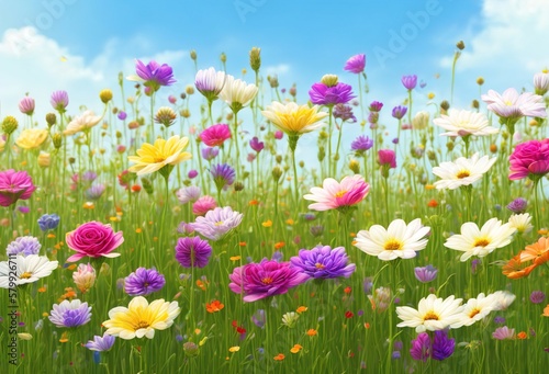 Amazing shiny Spring meadow Grass and Flowers summer natural spring photograph generative ai