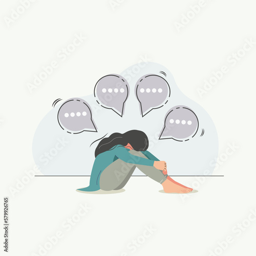 Sad girl full of sorrow with speech bubbles vector illustration