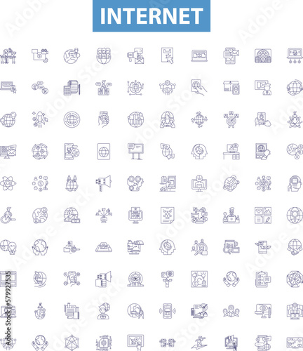 Internet line icons, signs set. Network, digital, web, cyberspace, broadband, online, information, communications, technology outline vector illustrations.