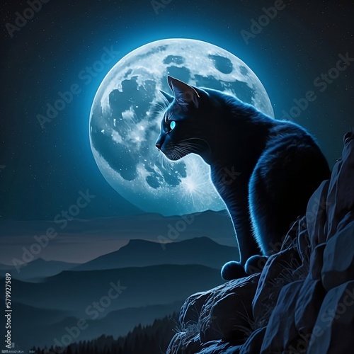 Fotografie A black cat with blue eyes looks at the moon while it is sitting on the mountain under the moonlight,4K quality, 8K quality