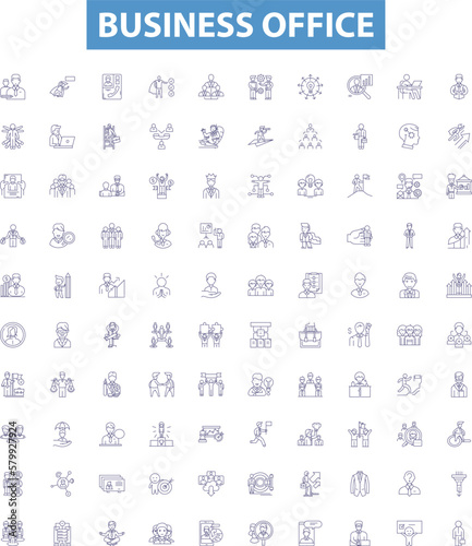 Business office line icons, signs set. Office, Business, Commercial, Desk, Furniture, Equipment, Files, Chairs, Supplies outline vector illustrations.