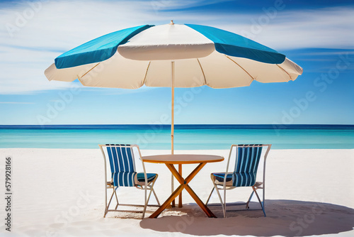The table set  chairs and umbrella with beach and sky. Summer vacation  holidays concept. Generative AI.