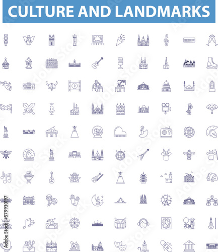Culture and landmarks line icons, signs set. tradition, heritage, architecture, sculpture, monuments, art, ritual, folklore, customs outline vector illustrations.