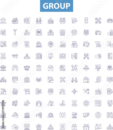 Group line icons, signs set. Collective, Crowd, Clique, Congregation, Conglomeration, Fraternity, Entourage, Union, Coterie outline vector illustrations.