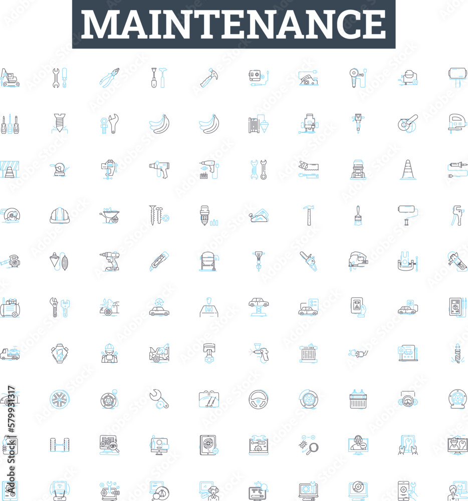 Maintenance vector line icons set. Repairs, Upkeep, Service, Adjustment, Restoration, Overhaul, Checkup illustration outline concept symbols and signs Maintenance vector line icons set. Repairs, Upkeep, Service, Adjustment, Restoration, Overhaul, Checkup illustration outline concept symbols and signs