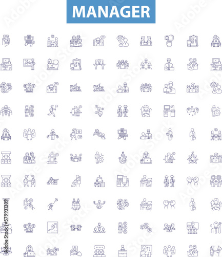 Manager line icons, signs set. Manager, Supervisor, Director, Coordinator, Leader, Administrator, Overseer, Foreman, Chief outline vector illustrations.