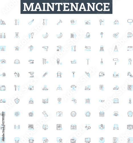 Maintenance vector line icons set. Repairs, Upkeep, Service, Adjustment, Restoration, Overhaul, Checkup illustration outline concept symbols and signs
