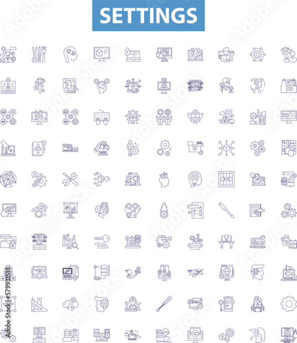 Settings line icons, signs set. Configure, Parameter, Adjustment, Option, Preference, Regulation, Customize, Alteration, Modify outline vector illustrations.