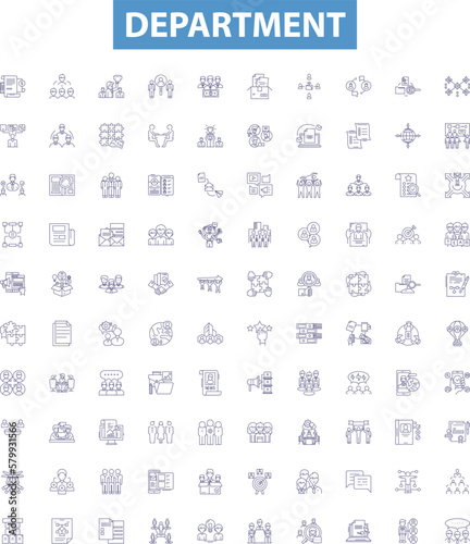 Department line icons, signs set. Division, Bureau, Office, Section, Unit, Directorate, Agency, Board, Authority outline vector illustrations.