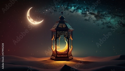 Crescent moon and black starry sky with an Arabic light on the desert at night. Islam  Ramadan Eid. Generative Ai.