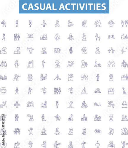 Casual activities line icons, signs set. Sports, Movies, Eating, Shopping, Games, Socializing, Hiking, Jogging, Exploring outline vector illustrations.