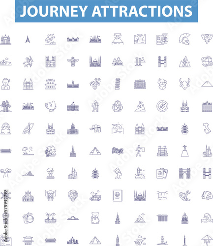 Journey attractions line icons, signs set. Destinations, Sightseeing, Adventure, Exploration, Escapade, Touring, Roam, Excursion, Trips outline vector illustrations.