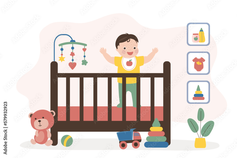 Cute infant baby is standing in crib. Newborn is learning to stand and take its first steps. Small child learns world and requires attention. Interior of children's room. Cute infant baby is standing in crib. Newborn is learning to stand and take its first steps. Small child learns world and requires attention. Interior of children's room.