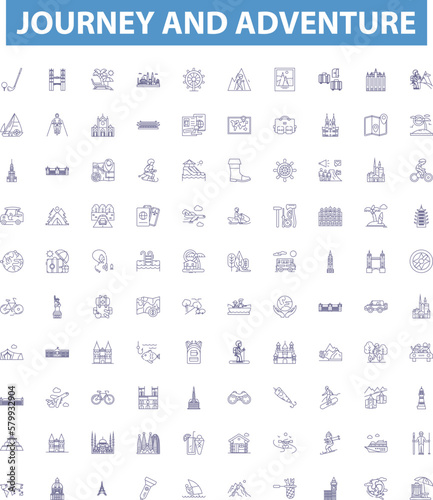 Journey and adventure line icons, signs set. Voyage, Expedition, Trek, Traverse, Roam, Expeditionary, Tour, Exploration, Wandering outline vector illustrations.