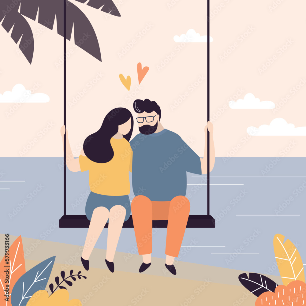 Fototapeta premium Happy love couple sitting on swing. People in love, family portrait. Dating, characters have fun outdoors in park. Relationship, valentine day, greeting card.