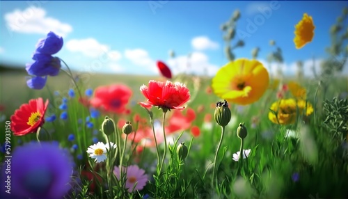 Stunning springtime scene with vibrant wildflowers on a grassy meadow on a sunny day. Generative Ai. © MinixT