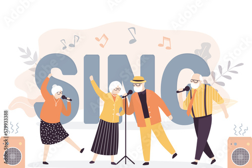 Group of old people sing song and dancing. Grandmothers and grandfathers entertainment. Karaoke party. Happy active elderly friends uses mics. Retirement activities concept.