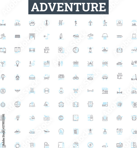 Adventure vector line icons set. Voyage, Exploration, Excursion, Quest, Trek, Tour, Thrill illustration outline concept symbols and signs