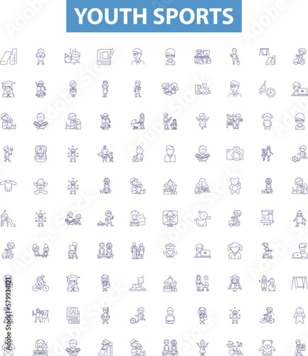 Youth sports line icons, signs set. Youth, Sports, Soccer, Basketball, Football, Baseball, Hockey, Lacrosse, Track outline vector illustrations.