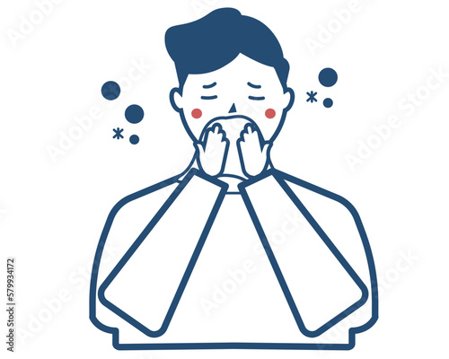 花粉症で鼻をかむ男性。アレルギー。ベクターイラスト