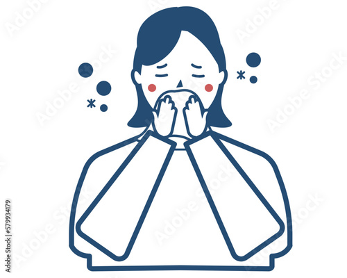 花粉症で鼻をかむ女性。アレルギー。ベクターイラスト	
