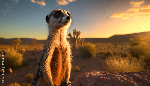 meerkat on the lookout, Meerkat side view, golden hour in the desert © Yasir