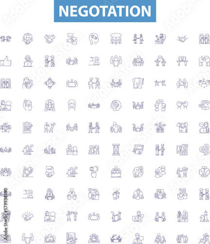 Negotation line icons, signs set. Negotiate, haggle, discuss, bargain, mediate, arbitrate, parley, contend, debate outline vector illustrations.