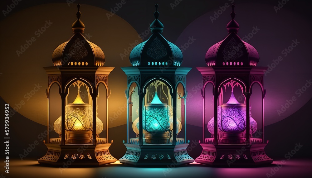 Background banner for Ramadan Kareem. Islamic greeting cards for Ramadan and Muslim holidays. moon and lantern on a blue banner. Generative Ai. Background banner for Ramadan Kareem. Islamic greeting cards for Ramadan and Muslim holidays. moon and lantern on a blue banner. Generative Ai.