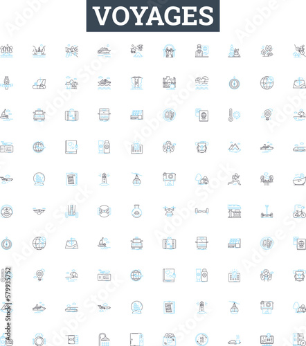 Voyages vector line icons set. Tours, Trips, Cruises, Journeys, Tours, Excursions, Adventures illustration outline concept symbols and signs