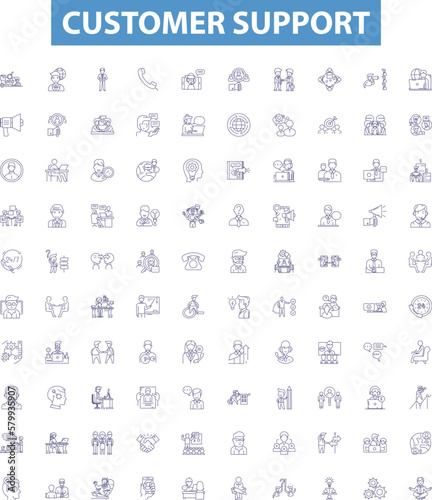 Customer support line icons, signs set. Help, Assistance, Service, Aid, Resolution, Response, Consultation, Enquiry, Care outline vector illustrations.
