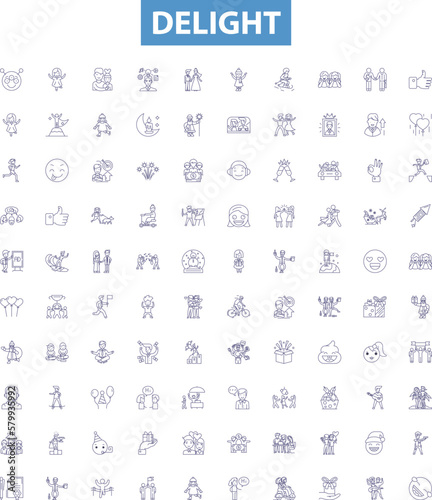 Delight line icons, signs set. Joy, Appeal, Gratify, Thrill, Enchant, Amuse, Satisfy, Elate, Gladden outline vector illustrations.