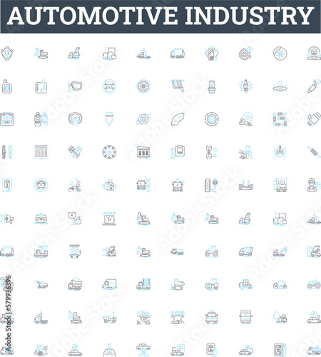 Automotive industry vector line icons set. Vehicles, Autos, Cars, Trucks, Engines, Automakers, Industry illustration outline concept symbols and signs