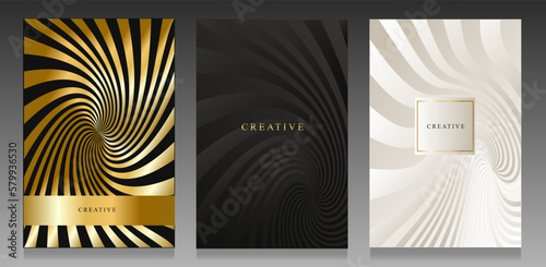 Elegant gold, black and white covers. Spiral metallic effect, abstract geometric: luxury vector pattern. 