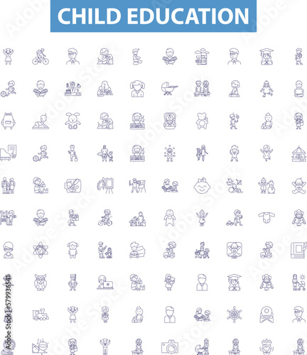 Child education line icons, signs set. Child, education, kindergarten, preschool, tutor, learning, scholar, instructor, primary outline vector illustrations.