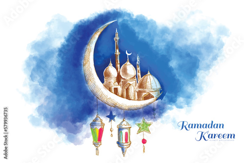 Ramadan kareem islamic moon and mosque sketch card background