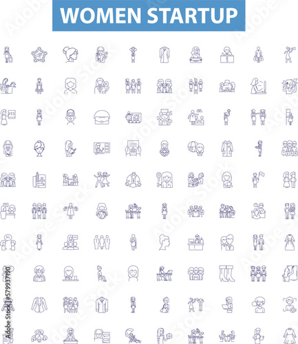 Women startup line icons, signs set. Female, Entrepreneur, Venture, Company, Business, Innovate, Investment, Founder, Women Owned outline vector illustrations.