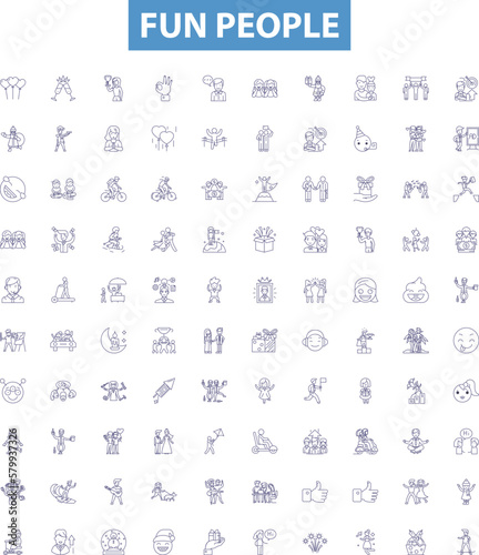 Fun people line icons, signs set. Mirthful, Amusing, Cheerful, Joyful, Vivacious, Blithe, Lighthearted, Comical, Exuberant outline vector illustrations.