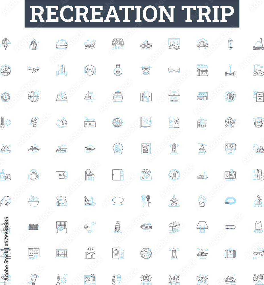 Recreation trip vector line icons set. Recreation, Trip, Holiday, Tour, Vacation, Excursion, Outing illustration outline concept symbols and signs Recreation trip vector line icons set. Recreation, Trip, Holiday, Tour, Vacation, Excursion, Outing illustration outline concept symbols and signs