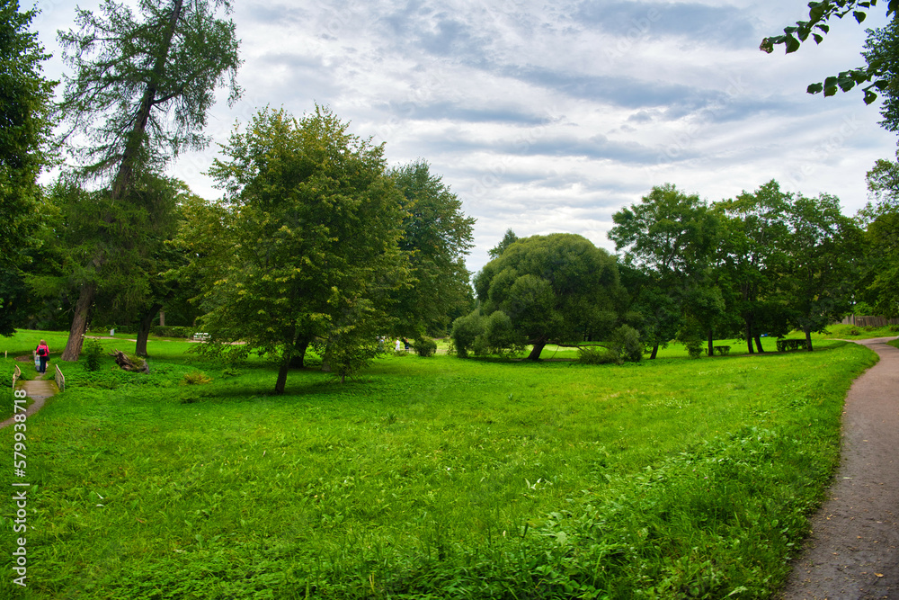 Green meadow and trees in Park Mon Repos, Vyborg, Russia