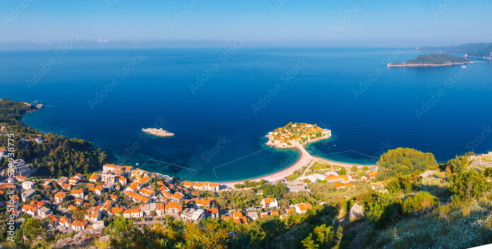 Aerial view of the small islet Sveti Stefan. Montenegro, Balkans, Europe.
