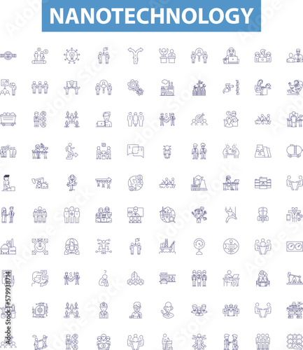 Nanotechnology line icons, signs set. Nano, Technology, Nanomaterials, Nanoparticles, Nanoelectronics, Nanomedicine, Nanobots, Nanofabrication, Nanoscale outline vector illustrations. photo