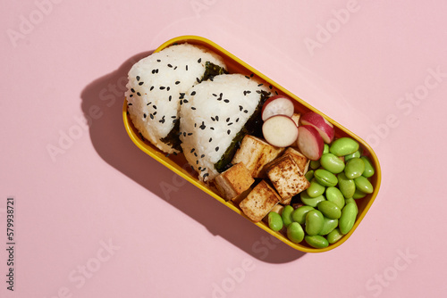 vegan bento lunch with onigiri