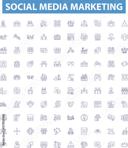 Social media marketing line icons, signs set. Networking, Advertising, Campaigns, Influencers, Strategies, Sites, Targeting, Engagement, Promotion outline vector illustrations.