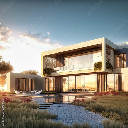 Amazing modern house, villa. Architectural exterior design. Inspiration, concept for designers and architects. Generative AI