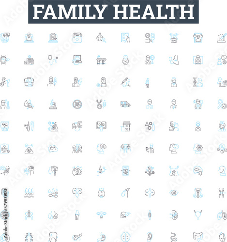 Family health vector line icons set. Family, Health, Wellbeing, Nutrition, Exercise, Lifestyle, Pediatric illustration outline concept symbols and signs