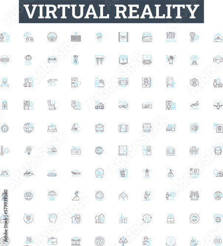 Virtual reality vector line icons set. Virtual, Reality, VR, Lucid, Dreaming, Augmented, Simulation illustration outline concept symbols and signs