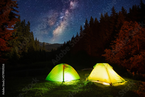 Awesome starry sky above the campsite. Carpathian mountains, Ukraine, Europe.